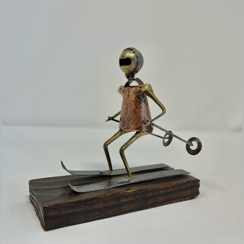 Vintage Downhill Skier Metal Art Upcycle Spain Sports Sculpture Bell Head